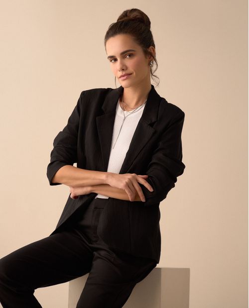 Blazer largo de diseño abierto para mujer
