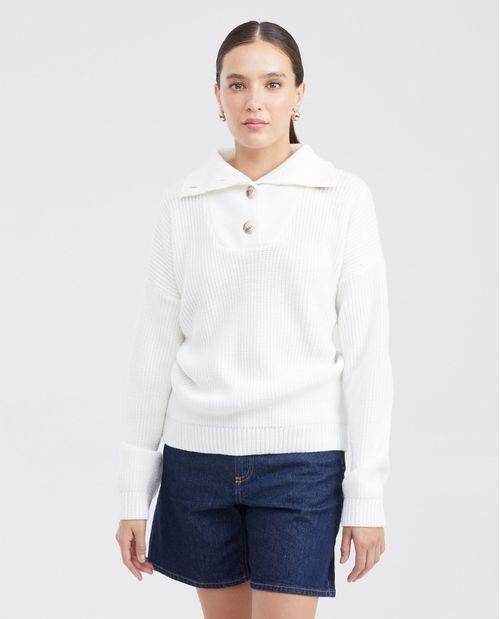 Suéter Tejido con Cuello Alto y Media Perilla de Botones para Mujer