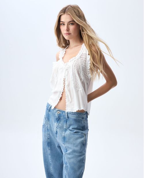 Camisa manga sisa con encaje para mujer
