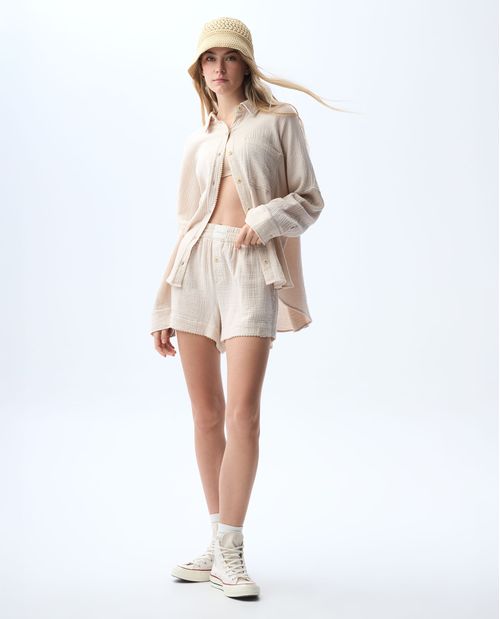 Camisa manga larga en tela con textura para mujer
