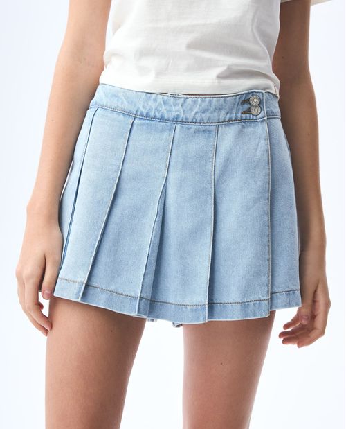Falda short en denim de tablas para mujer