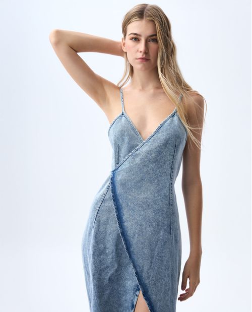 Vestido largo en denim diseño cruzado para mujer