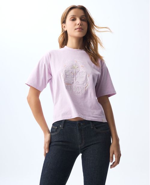 Camiseta con estampado y detalles bordados para mujer