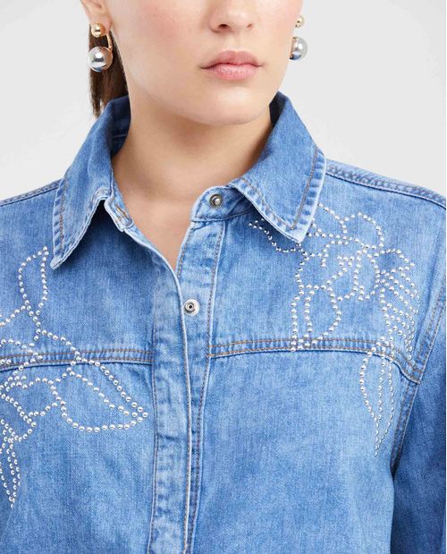 Camisa en Denim Rígido Classic Fit Manga Larga Azul Oscuro con Bordados para Mujer