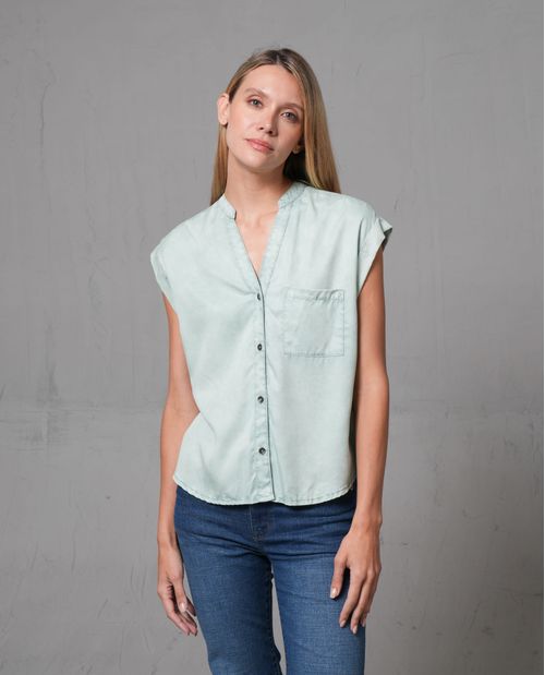 Camisa de manga rodada con escote en V para mujer