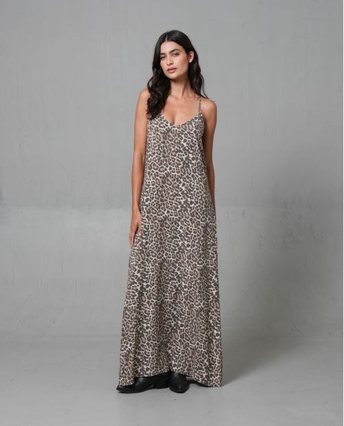 Vestido largo acampanado en animal print para mujer