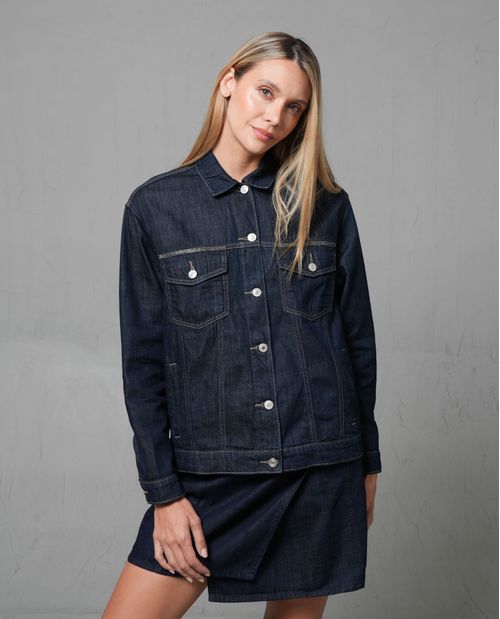 Chaqueta Trucker tono raw con apliques para mujer