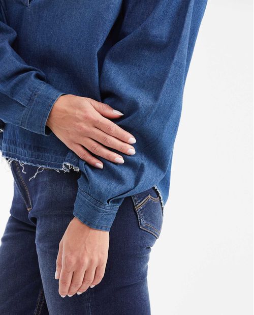 Camisa en Denim Rígido Oversize Fit Manga Larga Azul Oscuro para Mujer