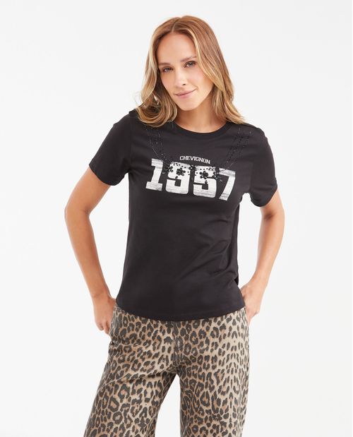 Camiseta Estampada con Detalle de Piedras para Mujer