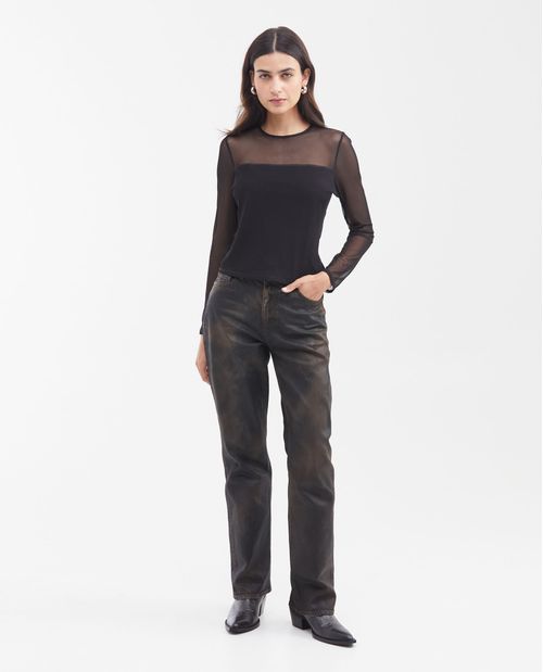 Camiseta Ajustada en Malla Semi Transparente para Mujer