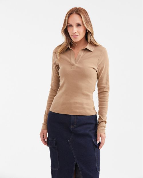 Camiseta Básica Manga Larga con Cuello Camisero para Mujer