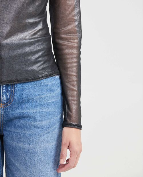 Camiseta Ajustada en Malla Semitransparente para Mujer