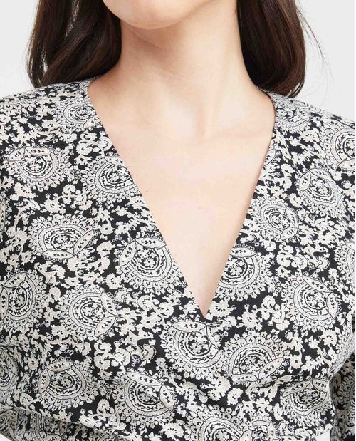 Camisa Estampada con Escote Profundo y Mangas con Volumen para Mujer