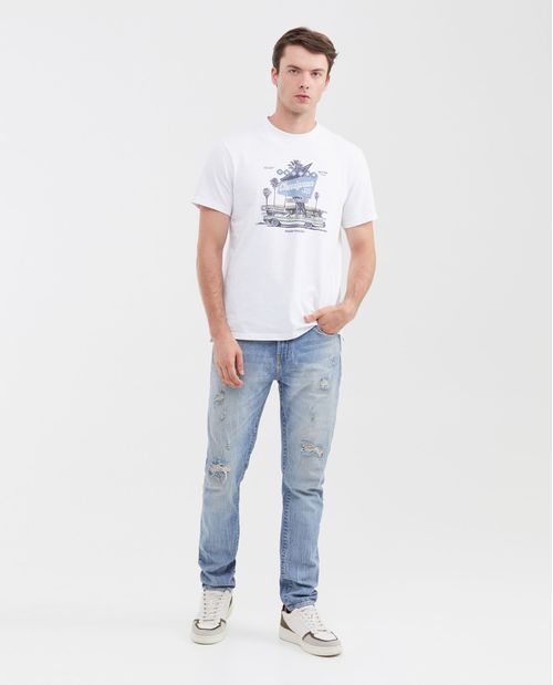 Camiseta Estampada Classic Fit Cuello Redondo en Algodón Efecto Jaspeado para Hombre