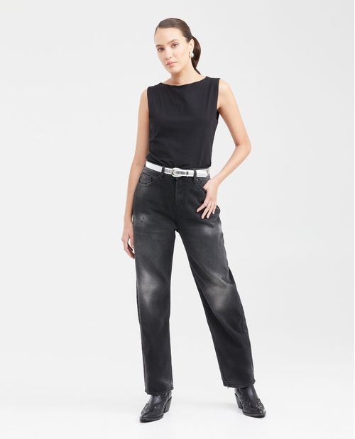 Jean Boyfit Tiro Medio Boot Cut Azul Oscuro con Rotos para Mujer