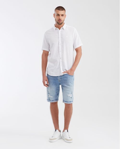 Camisa Classi Fit Manga Corta en Mezcla de Lino y Algodón para Hombre