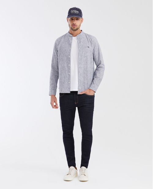 Camisa Slim Fit Manga Larga Cuello Nerú Estampado de Rayas en Mezcla Lino-Algodón para Hombre
