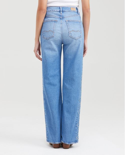 Jean Wide Leg Super High Rise Bota Relaxed Azul Claro con Taches Decorativos para Mujer