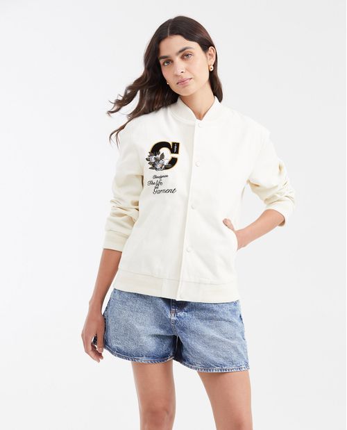 Chaqueta Tipo Bomber con Mangas Resinadas y Apliques para Mujer
