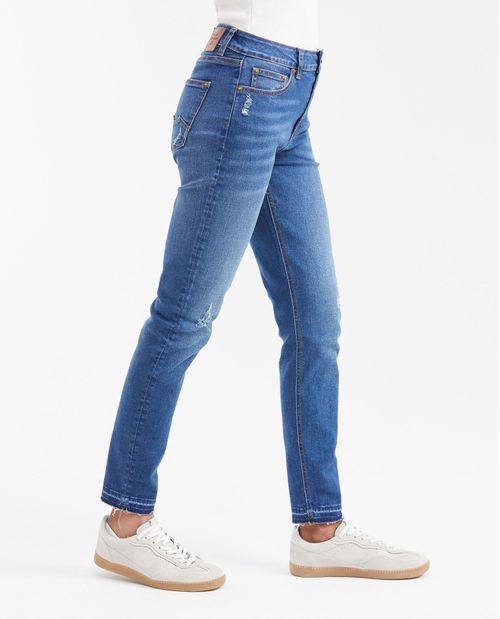 Jean Super High Rise Bota Slim Azul Oscuro con Rotos para Mujer