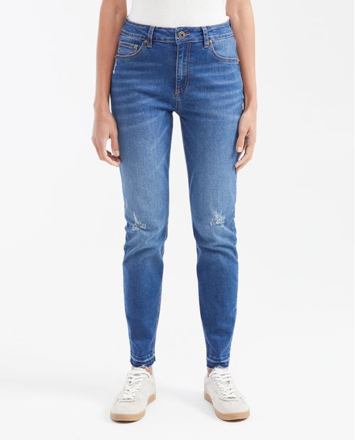 Jean Super High Rise Bota Slim Azul Oscuro con Rotos para Mujer