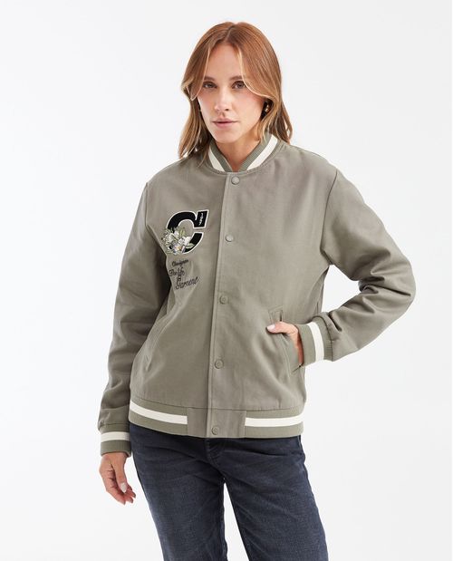 Chaqueta Tipo Bomber con Mangas Resinadas y Apliques para Mujer