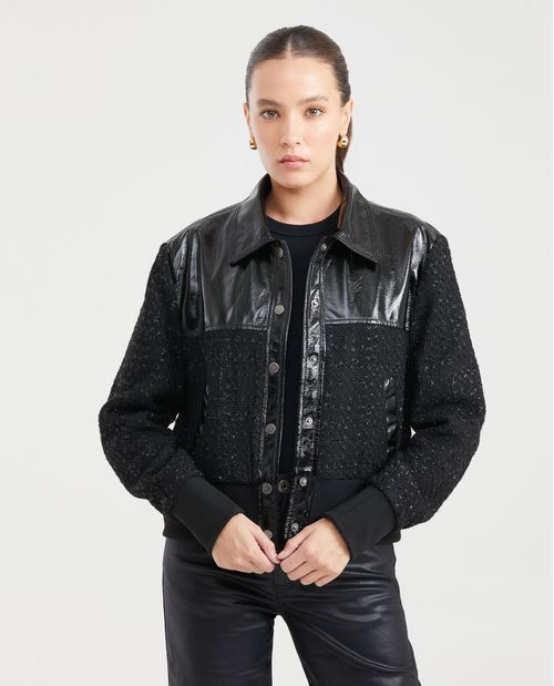 Chaqueta Tipo Bomber con Cuello en Efecto Cuero para Mujer