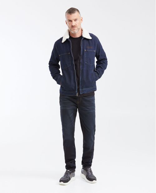 Chaqueta en Denim Tipo Trucker con Cuello Ovejero Removible Azul Oscuro para Hombre