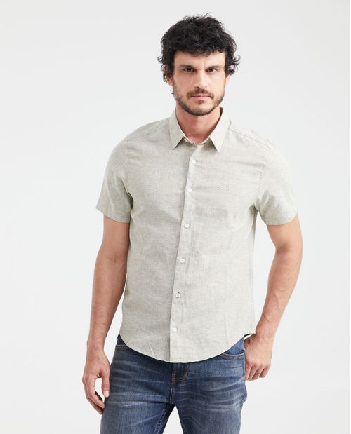 Camisa Slim Fit Manga Corta en Lino y Algodón para Hombre