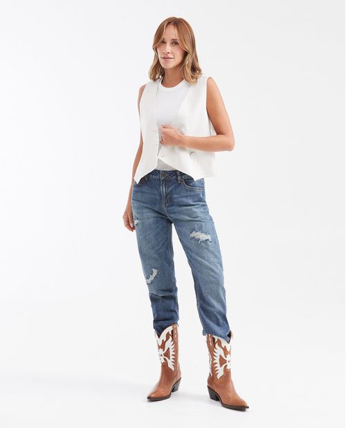 Jean High Rise Boot Cut Azul Medio Vintage con Rotos para Mujer