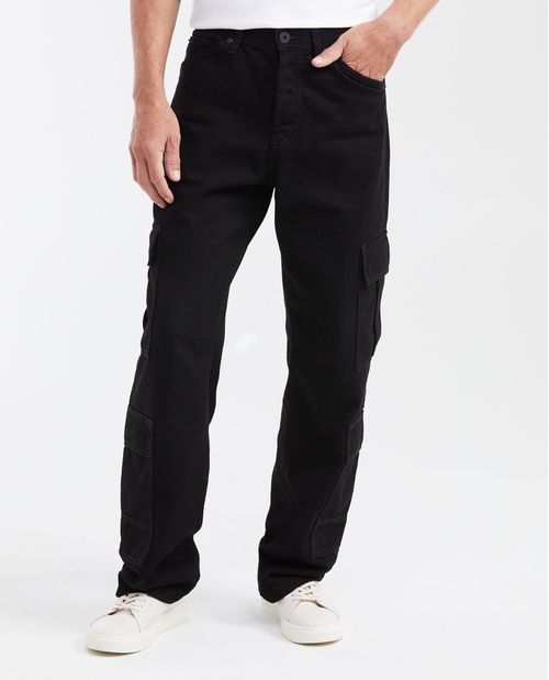 Jean Relaxed Fit Tipo Cargo Tiro Alto Boot Cut Negro para Hombre