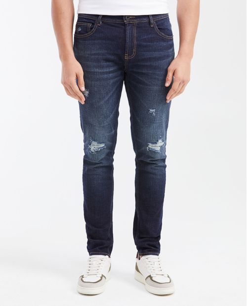 Jean Súper Slim Fit Tiro Bajo Bota Super Slim Azul Ultra Oscuro con Rotos para Hombre