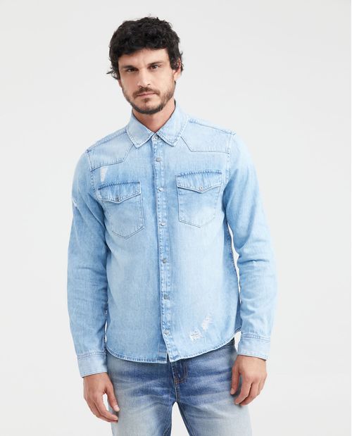 Camisa en Denim 100% Algodón Slim Fit Manga Larga Azul Claro para Hombre