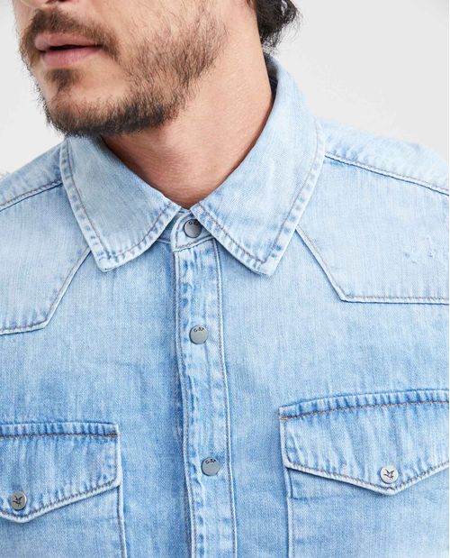 Camisa en Denim 100% Algodón Slim Fit Manga Larga Azul Claro para Hombre