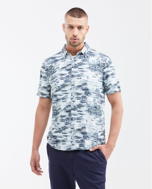 Camisa Classic Fit Manga Corta 100% Algodón con Maxi Print de Palmeras para Hombre