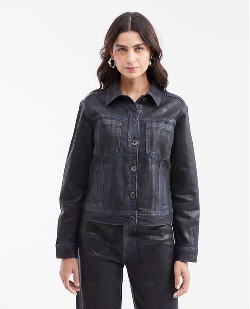 Chaqueta en Denim Azul Claro con Efecto Resinado Straight Fit para Mujer