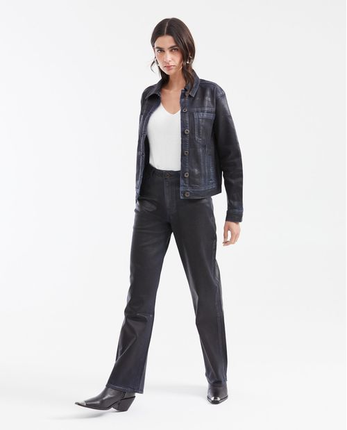 Jean Super High Rise Bota Relaxed Azul Ultra Oscuro Efecto Engrasado para Mujer