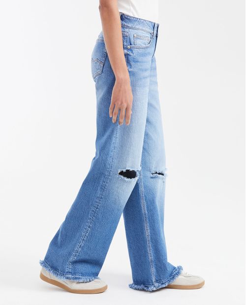 Jean High Rise Bota Relaxed Azul Medio con Rotos para Mujer
