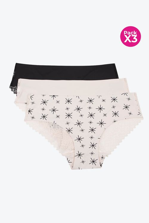 Panty tipo hipster en microfibra y encaje paquete x3