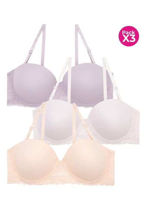 Brasier strapless paquete x3 en microfibra y encaje