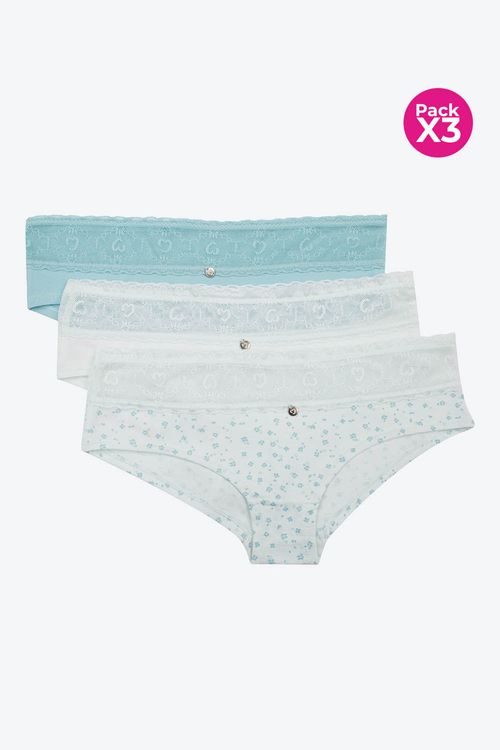 Panty tipo hípster en algodón y encaje paquete x3