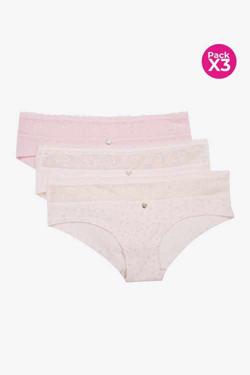 Panty tipo hípster en algodón y encaje paquete x3