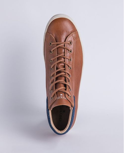 Tenis de Hombre en Cuero, Caña Alta Tipo Botín - Aplique en Denim
