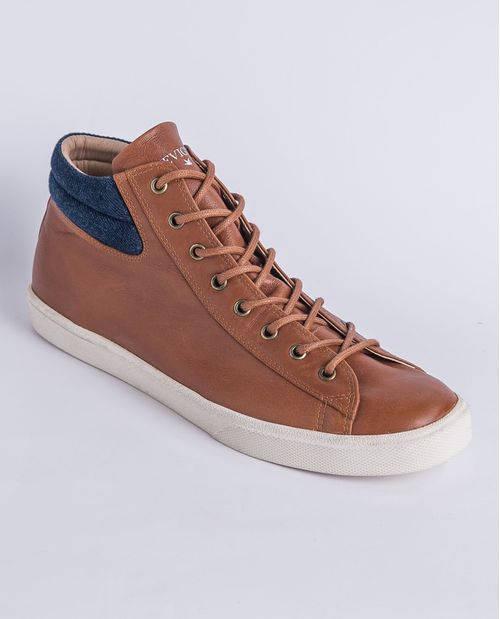 Tenis de Hombre en Cuero, Caña Alta Tipo Botín - Aplique en Denim