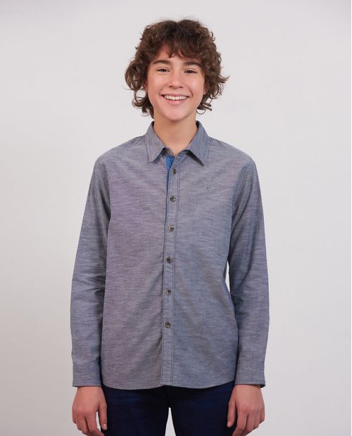 Camisa de Niño, Silueta Recta Manga Larga - Coderas en Contraste