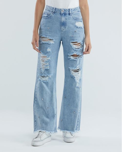 Jean de Mujer Wide Leg, Bota Relaxed - Azul Claro + Piedras y Rotos