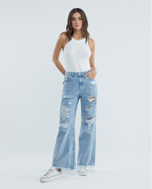 Jean de Mujer Wide Leg, Bota Relaxed - Azul Claro + Piedras y Rotos