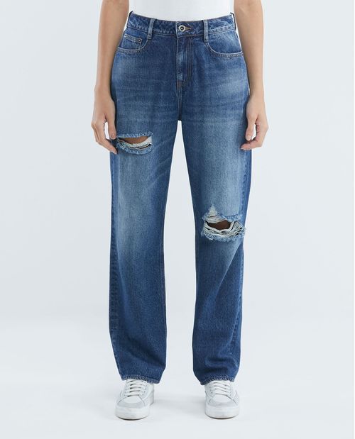 Jean de Mujer Wide Leg, Bota Relaxed - Azul Oscuro Vintage + Rotos