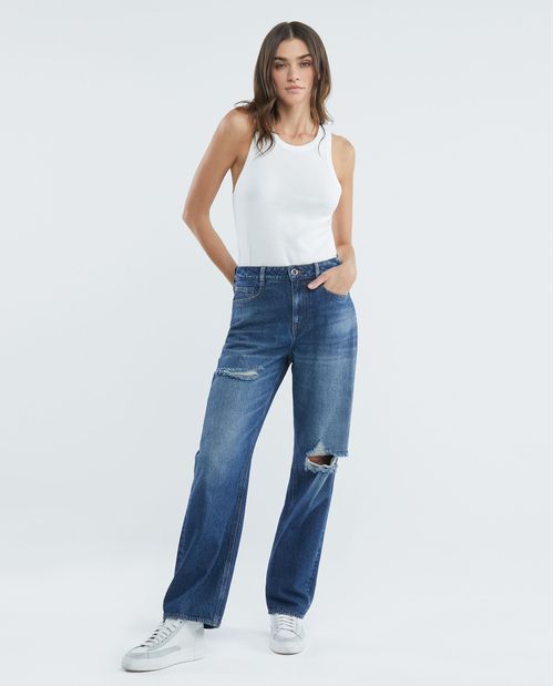 Jean de Mujer Wide Leg, Bota Relaxed - Azul Oscuro Vintage + Rotos