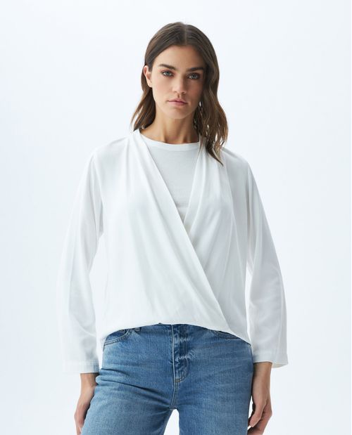 Camisa de Mujer, Silueta Amplia Manga Larga Escote en V - Viscosa Diagonal Marcada